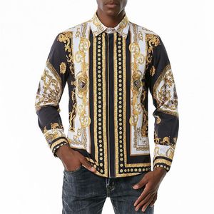 Vintage Style Baroque hommes chemises habillées 2021 Royal imprimé chemise hommes fête mariage Social Streetwear mâle décontracté 263F