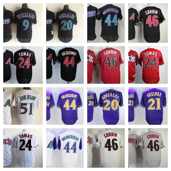 Maillot de baseball vintage 9 Matt Williams 20 Luis Gonzalez 21 Zack Greinke 24 Yasmany Tomas 44 Paul Goldschmidt 46 Patrick Corbin 51 Randy Johnson Hommes Taille S--XXXL