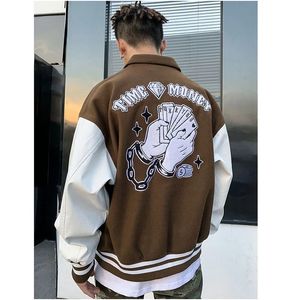 Vintage honkbal varsity jas heren leren mouwen bruin bomberjack casual college jas dames schapengroep geborduurde letter 231225