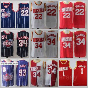 Vintage Basketbal Hakeem Olajuwon Jersey 34 Mannen Retro Clyde Drexler 22 Tracy McGrady 1 All Stitching Red White Navy Blue Ademend Goede Kwaliteit