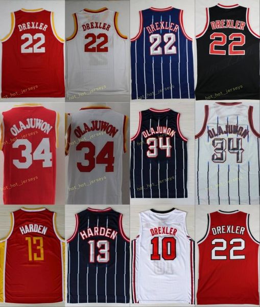 Camisas de basquete vintage Hakeem 34 Olajuwon Clyde 22 Drexler 10 James 13 Harden 1992 Dream Team Vermelho Azul Marinho Branco Houston