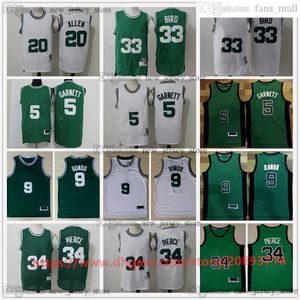 Maillots de basket-ball vintage cousus 33 maillot Larry Bird 34 maillots Paul Pierce Ray Allen Kevin Garnett Rajon Rondo blanc vert noir chemises de sport respirantes rétro