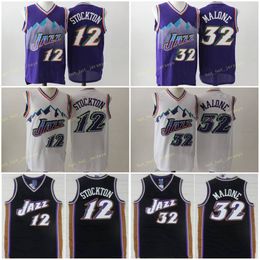 Vintage Basketbal John 12 Stockton Jerseys Mannen Purper White Color Karl 32 Malone Jersey Vintage Uniformen All Gestikte Utah Gestikt