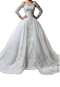 Vestidos de novia de manga larga de encaje con cuello bateau vintage con falda desmontable Tallas grandes Ilusión Tren vestido de noiva Vestido de novia Bola