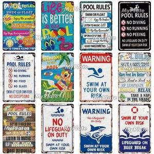 Vintage Beach Pool Rules Metal Sign Warning Shark Attack Metal Plate Tin Sign Wall Crafts Retro Decor for Home Plaque Decoration Gift Art Poster Custom 30X20CM w01