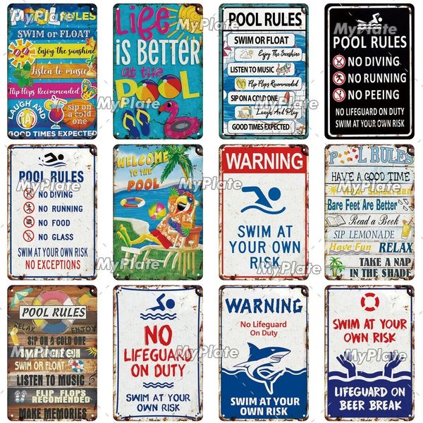 Vintage Beach Pool Rules Metal Sign Warning Shark Attack Metal Plate Tin Sign Wall Crafts Retro Decor for Home Plaque Decoration Gift Art Poster Custom 30X20CM w01