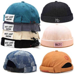 Vintage Beanie Hats Hombres Mujeres Primavera Otoño Propietario Sombrero Pana Docker Sailor Biker Caps Brimless Skull Loop Ajustable Algodón Y21111