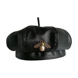 Chapeau en cuir Pu noir pour femmes, Vintage, marque d'abeille, mode, casquette pour femmes, bonnet, béret pour filles, printemps et automne, 2439722