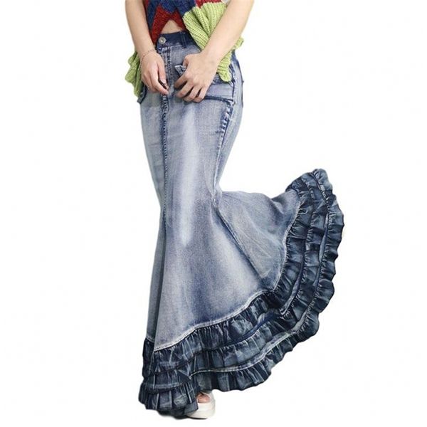 Vintage grande queue de poisson jupe en jean femmes longueur au sol Maxi longue sirène trompette Empire taille haute jean extensible J92793 210421