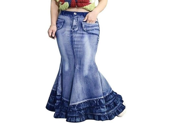 Falda vaquera vintage con cola de pez grande para mujer, falda larga hasta el suelo elástica, estilo sirena, trompeta, imperio, pantalones vaqueros de cintura alta J9D792 T29292567