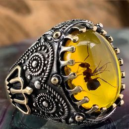 Anillos de piedra de circonita simulada ovalada grande Vintage para hombres y mujeres, anillo de hormiga de circonita negra de Color plateado antiguo, joyería turca Retro 2022