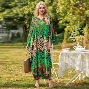 Vintage Bikini Cover-ups Plus La Taille Kaftan Boho Imprimé Robe D'été Vert Coton Tunique Femmes Beach Wear Maillot De Bain Cover Up A861 210420