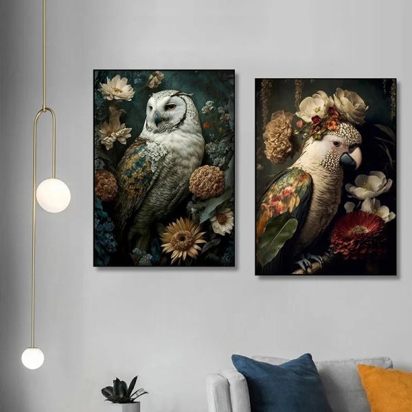 Oiseaux vintage dans la jungle fleurs toile peinture affiche imprime