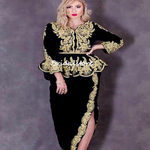 Vintage Black Algerije Abaya Avondjurk 2022 Kosovo Albanees Elegante Lange Mouw Karakou Bruid Prom Jurken Peplumn Party Jurk Elegante Side Slees Roken De Soirée