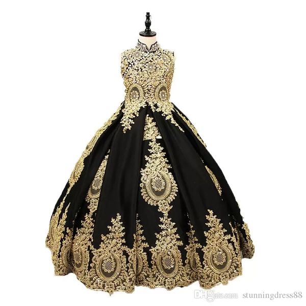 Vestidos de desfile para niñas en negro y dorado vintage Vestido de fiesta Cuello alto Ojo de cerradura Espalda Apliques de encaje Corsé de cristal Espalda Niños Cumpleaños Niños