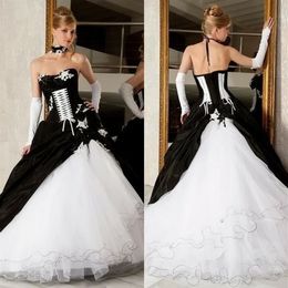 Vintage Zwart En Wit Baljurken Trouwjurken 2019 Backless Corset Victoriaanse Gothic Plus Size Bruiloft Bruidsjurken C307t