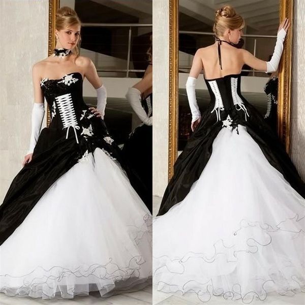 Vintage noir et blanc robes de bal robes de mariée 2019 dos nu corset victorien gothique grande taille mariage robes de mariée C192d