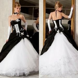 Vintage noir et blanc corset robes de mariée 2019 jupe gonflée volants à lacets victorien grande taille église mariée robe de mariée264d