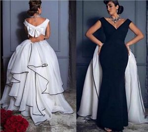 Robes de soirée en noir et blanc vintage V cou sur l'épaule du sol en mousseline de mousseline satin Longueur Backless Robes de bal Robes de bouée formelles5944681