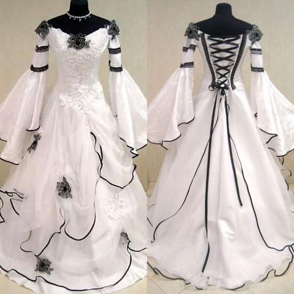 ヴィンテージ黒と白の中世のウェディングドレスロングフレアスリーブケルトブライダルドレスプラスサイズ Vestido デノビア