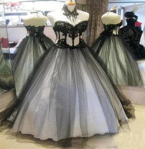 Vintage Black and White victorien Gothic Robes de mariée Bouches nuptiales Appliques en dentelle Soft Tulle Back4127419