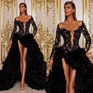 Vintage zwart Arabisch aso ebi prom -jurken met lange mouwen kanten kralen hoge lage beroemde avondjurken sexy dij split -gelaagde ruches skir 248t