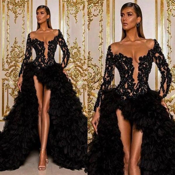 Vintage negro árabe Aso Ebi vestidos de baile de manga larga de encaje con cuentas alto bajo Celebrity vestidos de noche sexy muslo dividido volantes escalonados236M