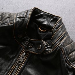 Vintage noir AVIREXFLY vestes en cuir véritable col montant rayures veste en cuir de moto