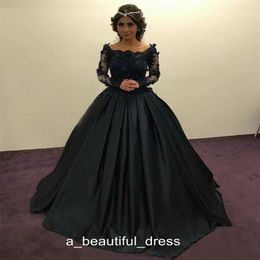 Vintage Black Ball Jurk Prom Dresses Long Mouwen Illusion Off Shoulder Evening Jurns Bead Vestidos Festa Formal Party Jurken PD5556 239J