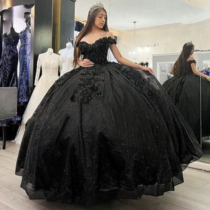 Vintage Black Ball Jurk Quinceanera Jurken Off Shoulder Sweetheart Halslijn 3D Bloemen Appliques 2023 Sweet 15 Girls Glitter Long Prom Brithdday Party Wear