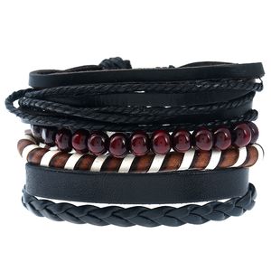 Vintage zwarte boeddha kralen charme armbanden voor mannen fashion verstelbare geweven lederen armband armbanden multilayer brede wrap sieraden