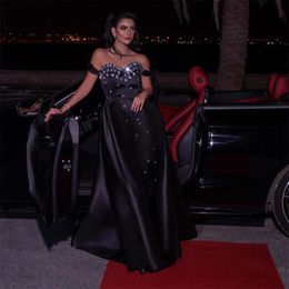 Robes de soirée en cristal noir vintage sans bretelles strass une ligne robe de célébrité avec train détachable satin vêtements de cérémonie 326 326