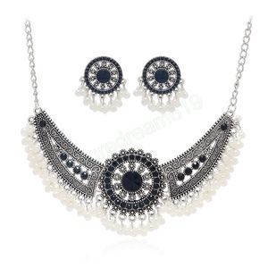 Vintage Zwarte Kristallen Parels Holle Bloem Kettingen Oorbellen Sieraden Sets voor Vrouwen Bruids Indian Party Sieraden