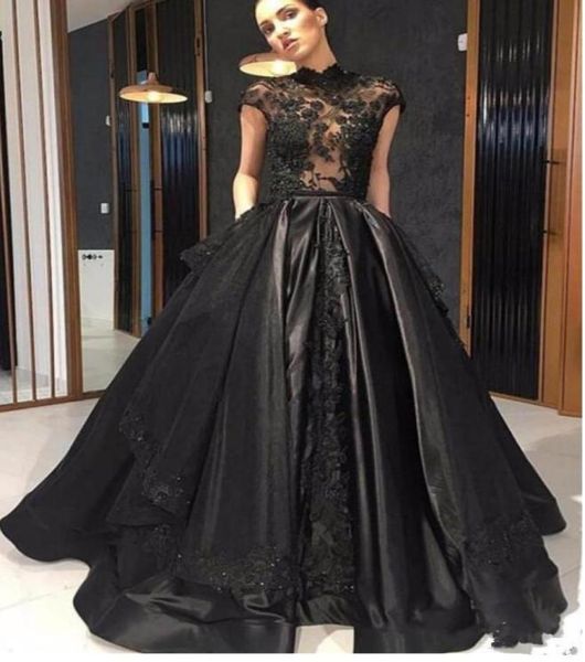 Vestidos de novia góticos negros vintage 2019 Cuello alto Mangas casquillo Ilusión Top con cuentas de encaje Satén Vestidos de novia no blancos Couture Cust5112125