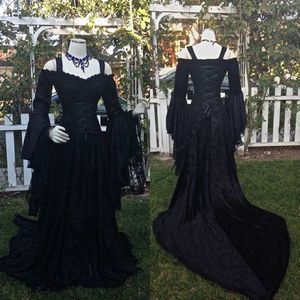 Vestidos de novia góticos negros vintage Una línea Medieval Fuera de las correas de los hombros Mangas largas Corsé Vestidos de novia con tren de la corte por encargo