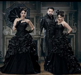 Robes de mariée gothiques noires vintage, plus la taille chérie à lacets corset à lacets victorienne vampires punk mal reines robe de mariée