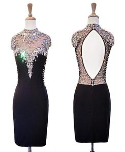 Vintage zwarte hoge nek korte goedkope cocktail prom jurk met korte mouwen kristallen mantel sleutelgat terug avond Homecoming d6950555