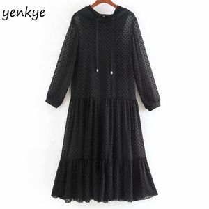 Vintage zwarte hooded tule jurk vrouwen sexy semi-pure lange mouwen geplooid casual plus size gewaad longue ccwm9550 210514