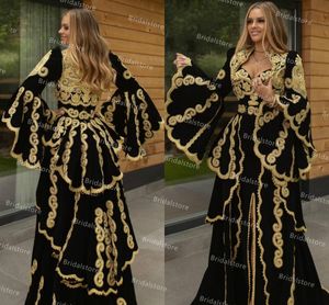 Vintage Black Kosovo Kaftan Morrocan Avondjurken met gouden appliques fluwelen uitlopende mouw Dubai Arabische prom jurk afstuderen feestjurken