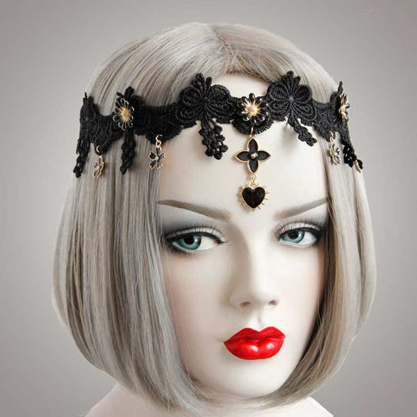 Bandeau en dentelle noire vintage avec fleur de perle Halloween Tempérament Tempérament Crystal Crystal perle des bandeaux de dentelle élastique florale