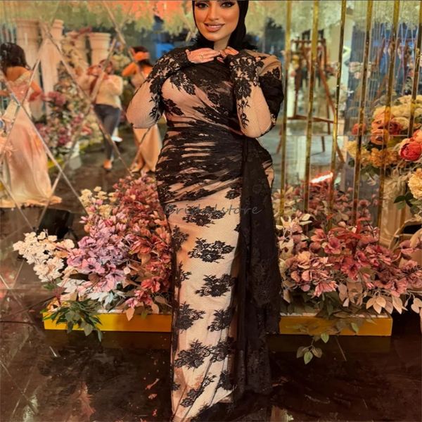 Vestidos de noche musulmanes de encaje negro vintage Elegante vaina árabe saudí Vestido de fiesta de talla grande Cuello alto Manga larga Abayas marroquíes Vestido formal de Dubai Vestios Fiestas