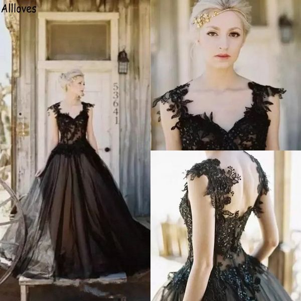 Retro Black Tulle A Line Vestidos de novia Glamorous Applique Beaded Sweep Train Boho Hippie Nupcial Vestido formal Backless Cap Sleeves Second Reception Dress AL9799