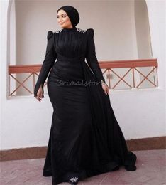 Robe de soirée musulmane noire vintage avec train col haut cristal sirène arabe Dubaï robes de bal à manches longues robes de soirée formelles Abayas Robes Bal De Promo anniversaire