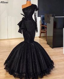 Vintage noir musulman trompette robes de soirée une épaule à manches longues paillettes brillantes robes d'occasion spéciale mince et évasé dentelle femmes robe de réception formelle CL3325