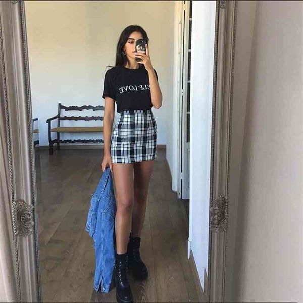 Vintage Black Plaid Mini Jupe Femmes Mode Taille Haute Bureau Lady Party Side Zipper Jupes Mujer Vêtements 210518