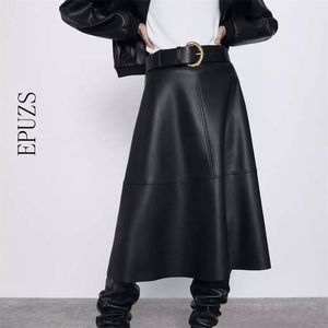 Vintage Black PU Lederen Rokken Womens Hoge Taille Streetwear Casual Riem Office Midi Faldas Mujer 210521
