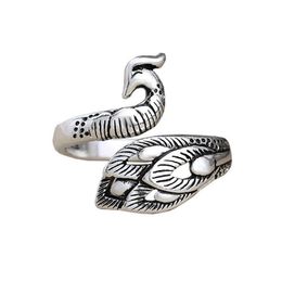 Vintage zwarte zilveren kleur pauw phoenix vogel ring voor vrouwen maat verstelbare legering ringen boho stijl vrouwelijke sieraden