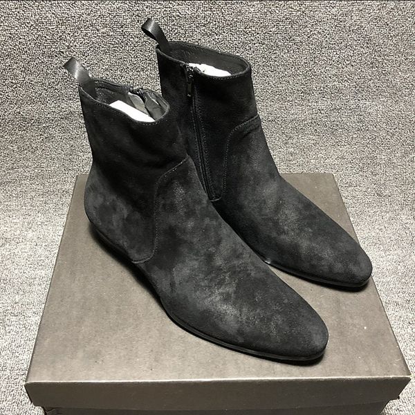 Vintage noir daim wedge slip-on hommes bottes western couture peau de vache richelieu formel hommes d'affaires bottes