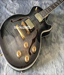 Guitarra eléctrica Supre negra vintage Tiger Flame Maple Top Back Split Block MOP Inlay Globe Headstock Inlay cuerpo semi hueco 5725485