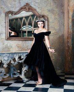 Vintage zwart fluwelen formele avondjurken met sexy off -schouder hoi lo back veter up optocht prom jurken 2016 Robe de soiree8350464